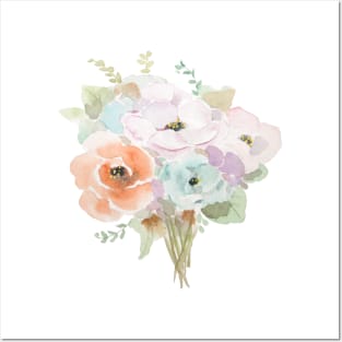 orange purple and blue flowers bouquet loose watercolor Posters and Art